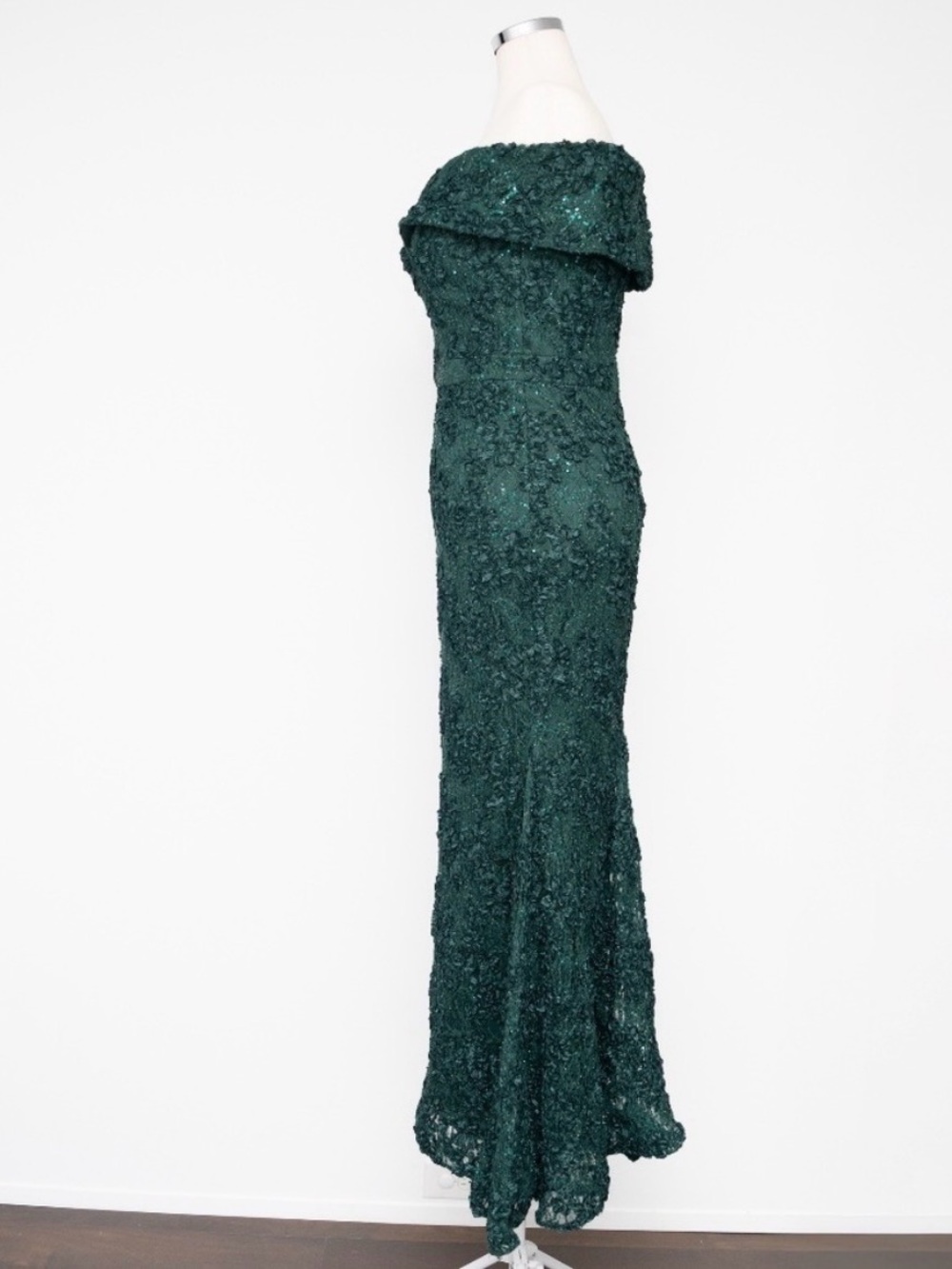 Xscape Off-Shoulder Teal Lace Evening Gown - Picture 6 of 14
